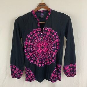 Lucky Brand Women's Size M Black Pink Mandala 100% Cotton Boho Top